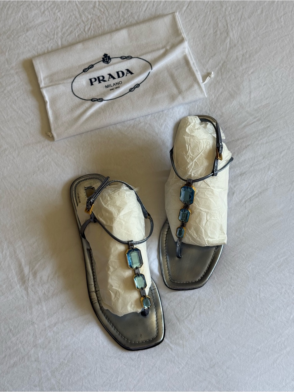 Vintage Prada Blue Metallic Thong Sandals/Flats